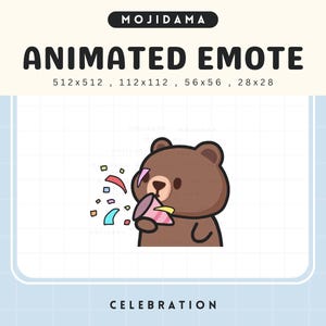 以下が含まれることがあります： パーティーホーンを持つ茶色のクマのアニメーション絵文字。カラフルな紙吹雪が舞っています。「MOJIDAMA」の文字が上部に、「ANIMATED EMOTE」がクマの上にあります。「CELEBRATION」の文字が下部にあります。