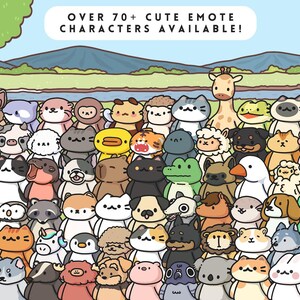May include: A vibrant illustration showcasing a multitude of over 70 adorable animal characters. The image includes a giraffe, cats, dogs, and other creatures. The text at the top reads "OVER 70+ CUTE EMOTE CHARACTERS AVAILABLE!"