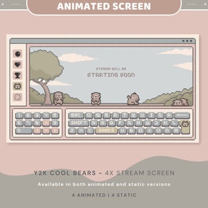 Puede incluir: Pantalla animada pixelada en rosa y beige con osos y el texto « STREAM WILL BE STARTING SOON ». Un teclado está en la parte inferior. El texto « Y2K COOL BEARS - 4X STREAM SCREEN » también está presente, disponible en versiones animadas y estáticas.