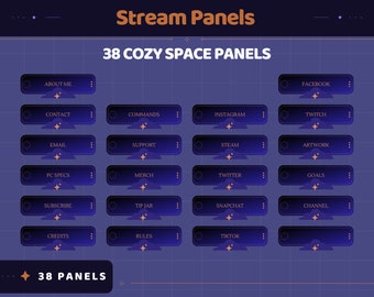 Conjunto de sobreposições de painéis do Space Twitch – gráficos de fluxo estático preto com tema de estrelas e gatos