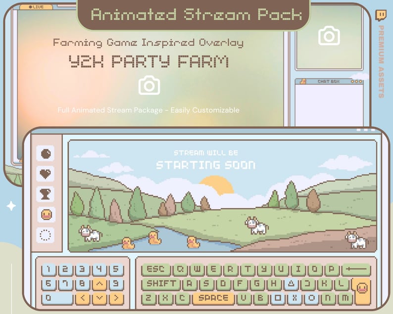 May include: A pixel art style animated stream overlay with a farm scene. The overlay includes a chat box, a starting soon screen, and a keyboard. The text "YZK PARTY FARM" is displayed at the top of the overlay.