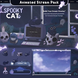 Cat Stream Animation Overlay Kitty Twitch Pack Cute Dark Spooky Animado Pacote de streaming completo Obs Streamlabs Aesthetic Lofi Vtuber Cosy