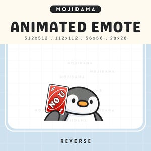 Emoticones de pingüino, tarjeta Uno animada inversa, animación de Twitch, lindo, chibi, divertido, transmisión, emote kawaii, Vtuber, Discord, Kick Emot, emoji tonto en vivo