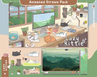 Cat Twitch Stream Animation Overlay Green Kitty Cute Animated Full Streaming Vtuber Package Obs Streamlabs Screen Cozy Aesthetic Lofi Bundle