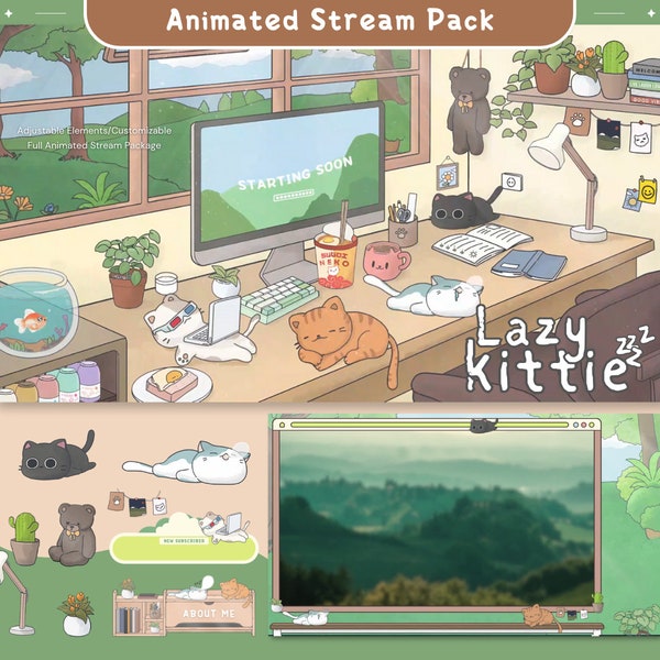 Cat Twitch Stream Animation Overlay Green Kitty Cute Animated Full Streaming Vtuber Package Obs Streamlabs Screen Cozy Aesthetic Lofi Bundle