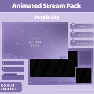 Purply Sky Animation Stream Pack Lofi Violet Star Animated Overlay Pacote completo de streaming Just Chatting Vtuber Friendly Emotes Panel Alerts