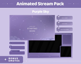 Purply Sky Animation Stream Pack Lofi Violet Star Animated Overlay Full Streaming Bundle Just Chatting Vtuber Friendly Emotes Panel Alerts