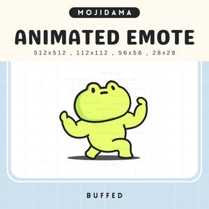 May include: Animated emote featuring a buff frog flexing its muscles. The frog is lime green with black outlines and is set against a white and light blue background. The text "MOJIDAMA" and "ANIMATED EMOTE" are at the top, with "BUFFED" at the bottom.
