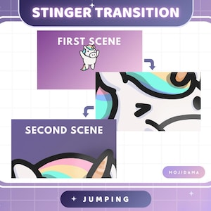 May include: A graphic with the text "STINGER TRANSITION" and "FIRST SCENE" and "SECOND SCENE". The graphic shows a unicorn cartoon character and the word "JUMPING". The graphic is in a purple and white color scheme.