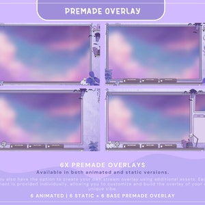 Puede incluir: Seis superposiciones de transmisi&oacute;n de Twitch predise&ntilde;adas animadas y est&aacute;ticas con un fondo de cielo rosa y morado pastel. Las superposiciones presentan una ventana con vista al cielo, una estanter&iacute;a y una planta. El texto "6X PREMADE OVERLAYS" est&aacute; en la parte inferior de la imagen.