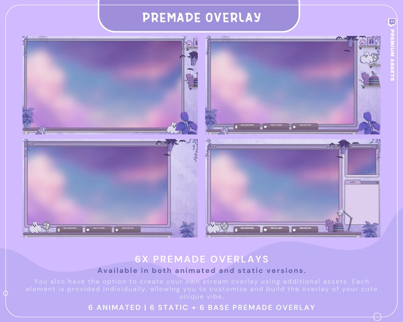 Puede incluir: Seis superposiciones de transmisi&oacute;n de Twitch predise&ntilde;adas animadas y est&aacute;ticas con un fondo de cielo rosa y morado pastel. Las superposiciones presentan una ventana con vista al cielo, una estanter&iacute;a y una planta. El texto "6X PREMADE OVERLAYS" est&aacute; en la parte inferior de la imagen.