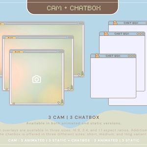 May include: Three animated and static camera overlays and three animated and static chat boxes. The camera overlays are available in three sizes: 16:9, 3:4, and 1:1 aspect ratios. The chat boxes are available in three sizes: short, medium, and long.