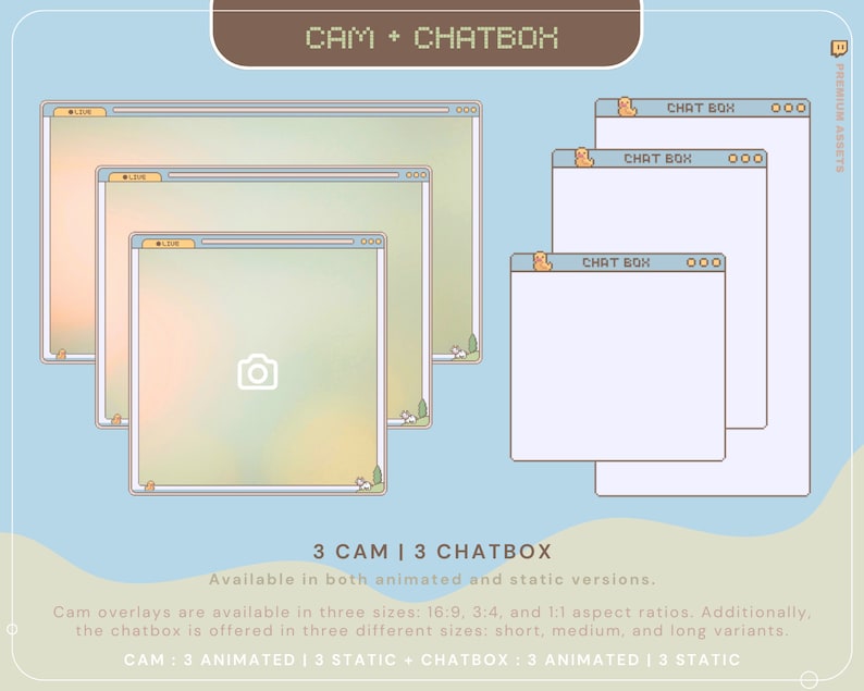 May include: Three animated and static camera overlays and three animated and static chat boxes. The camera overlays are available in three sizes: 16:9, 3:4, and 1:1 aspect ratios. The chat boxes are available in three sizes: short, medium, and long.
