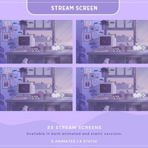 Puede incluir: Un conjunto de ocho pantallas de transmisi&oacute;n animadas y est&aacute;ticas que presentan una habitaci&oacute;n de tem&aacute;tica morada y azul con una computadora, plantas y una ventana. Las pantallas est&aacute;n disponibles en versiones animadas y est&aacute;ticas.