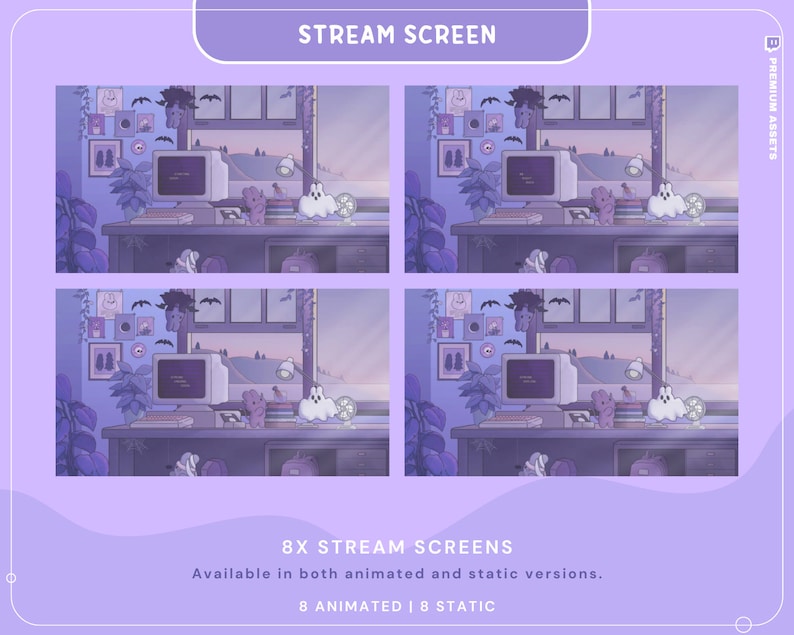 Puede incluir: Un conjunto de ocho pantallas de transmisi&oacute;n animadas y est&aacute;ticas que presentan una habitaci&oacute;n de tem&aacute;tica morada y azul con una computadora, plantas y una ventana. Las pantallas est&aacute;n disponibles en versiones animadas y est&aacute;ticas.