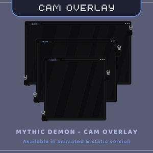 Puede incluir: Una superposición de cámara web animada en blanco y negro con un personaje de demonio estilizado. La superposición tiene un diseño pixelado e incluye el texto "#LIVE".