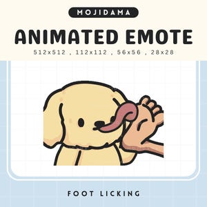 May include: Animated emote of a yellow dog licking a foot. The dog has a pink tongue and black eyes. The foot is light brown and has five toes.