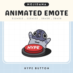 Peut inclure: Émoticône animée représentant un pigeon de dessin animé avec les bras levés, debout sur un bouton rouge "HYPE". L'image comprend le texte "MOJIDAMA" en haut et "ANIMATED EMOTE" avec les dimensions. Les mots "HYPE BUTTON" sont en bas.
