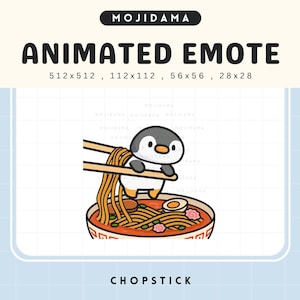 Puede incluir: Un emote animado con un pingüino de dibujos animados sosteniendo palillos con fideos. El pingüino está en un cuenco de ramen con un huevo y flores. El texto "MOJIDAMA" y "ANIMATED EMOTE" están en la parte superior. El texto "CHOPSTICK" está en la parte inferior.