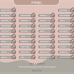 May include: A digital illustration of 38 Twitch panel labels featuring a cartoon raccoon character. The labels include text such as "About Me", "Artwork", "Channel", "Commands", "Contact", "Credits", "Email", "Facebook", "Games", "Goals", "Subscribe", "Support", "Reddit", "Rules", "Discord", "Instagram", "Links", "TikTok", "Tip Jar", "Tips", "Schedule", "Shop", "Merch", "Patreon", "Shoutout", "PC Specs", "Twitch", "Snapchat", "Twitter", "Steam", "YouTube", "Wishlist", "Donate", "FAQ", "Playlist", "PO Box", and "Website".