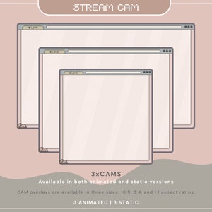 May include: Three animated web browser window frames with the word "LIVE" in the top right corner. The frames are nested inside each other, with the smallest frame in the center. The background is a light pink color. The text "STREAM CAM" is at the top of the image. The text "3xCAMS" is below the frames. The text "Available in both animated and static versions" is below the text "3xCAMS". The text "CAM overlays are available in three sizes: 16:9, 3:4, and 1:1 aspect ratios." is below the text "Available in both animated and static versions". The text "3 ANIMATED | 3 STATIC" is below the text "CAM overlays are available in three sizes: 16:9, 3:4, and 1:1 aspect ratios."