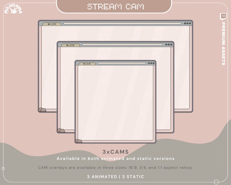 May include: Three animated web browser window frames with the word "LIVE" in the top right corner. The frames are nested inside each other, with the smallest frame in the center. The background is a light pink color. The text "STREAM CAM" is at the top of the image. The text "3xCAMS" is below the frames. The text "Available in both animated and static versions" is below the text "3xCAMS". The text "CAM overlays are available in three sizes: 16:9, 3:4, and 1:1 aspect ratios." is below the text "Available in both animated and static versions". The text "3 ANIMATED | 3 STATIC" is below the text "CAM overlays are available in three sizes: 16:9, 3:4, and 1:1 aspect ratios."