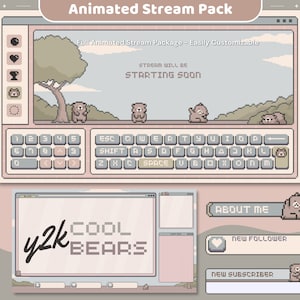May include: A pixel art animated stream pack with a Y2K aesthetic. The pack includes a starting soon screen, a chat box, a new follower alert, a new subscriber alert, and a 'cool bears' logo. The colors are pink, brown, and white.