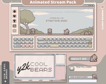 Bear Twitch Overlay Animation Cute Lofi Stream Pack Aesthetic Pixel Green Blue Cat Bunny Alert Animated Obs Streamlabs Full Package Vtuber