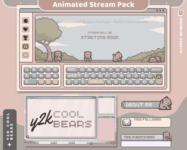 May include: A pixel art animated stream pack with a Y2K aesthetic. The pack includes a starting soon screen, a chat box, a new follower alert, a new subscriber alert, and a 'cool bears' logo. The colors are pink, brown, and white.