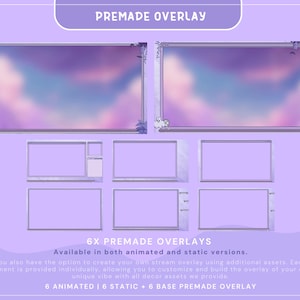 Puede incluir: Seis superposiciones de transmisi&oacute;n de Twitch prefabricadas con un esquema de color morado y rosa. Las superposiciones presentan un cielo nublado con una est&eacute;tica suave y de ensue&ntilde;o. El texto "6X PREMADE OVERLAYS" se muestra en negrita. El texto "Disponible en versiones animadas y est&aacute;ticas." se muestra debajo de las superposiciones. El texto "6 ANIMATED | 6 STATIC + 6 BASE PREMADE OVERLAY" se muestra en la parte inferior de la imagen.