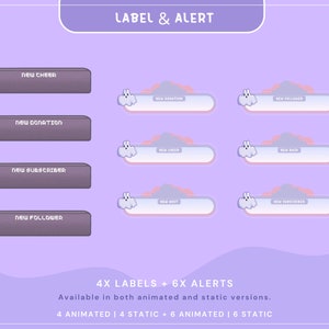 Puede incluir: Alertas de transmisi&oacute;n de Twitch animadas en morado y rosa con un personaje fantasma. Las alertas incluyen etiquetas para nuevo cheer, nueva donaci&oacute;n, nuevo suscriptor, nuevo seguidor, nuevo host y nuevo raid.