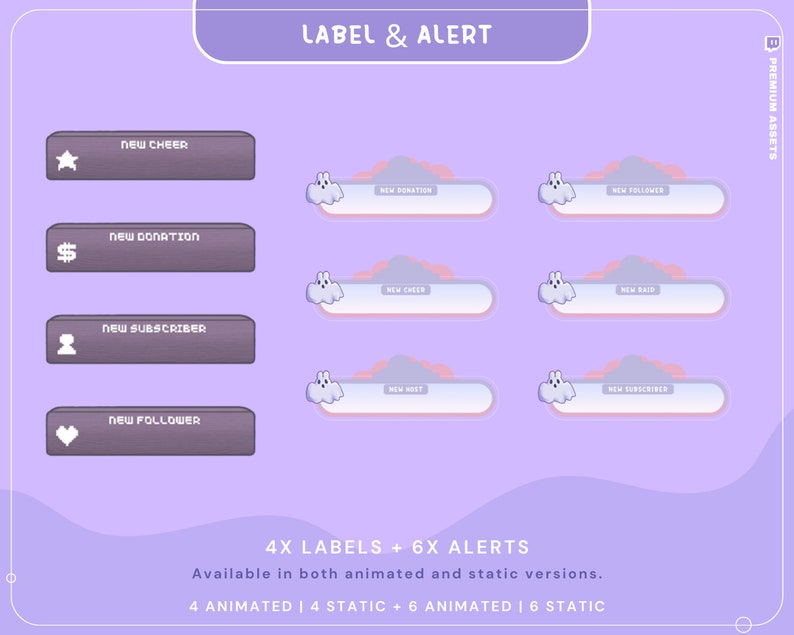 Puede incluir: Alertas de transmisi&oacute;n de Twitch animadas en morado y rosa con un personaje fantasma. Las alertas incluyen etiquetas para nuevo cheer, nueva donaci&oacute;n, nuevo suscriptor, nuevo seguidor, nuevo host y nuevo raid.