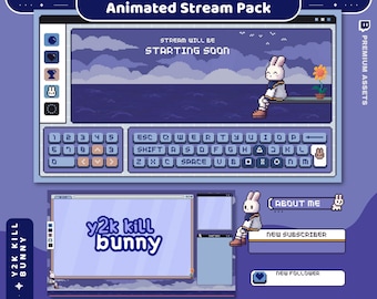 Bunny Twitch Overlay Animation Stream Pack Cute Y2K Full Package Aesthetic Blue Lofi Cat Cozy Animated Live Streaming Rabbit Vtuber Chatting