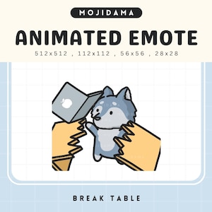 May include: An animated emote featuring a cartoon wolf breaking a table. The wolf is gray and white, with a laptop and two hands breaking the table. The text "ANIMATED EMOTE" and "BREAK TABLE" are also present.