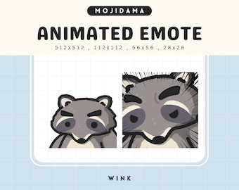 May include: Animated emote of a raccoon with a wink. The raccoon has a grey face with black eyes and a black nose. The raccoon is wearing a white shirt. The emote is in a cartoon style.