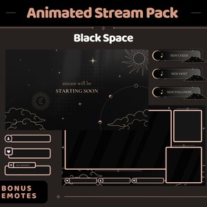 Black Space Animation Stream Pack Dark Aesthetic Star Animado Sobreposição Pacote completo de streaming Apenas conversando Emotes amigáveis para Vtuber