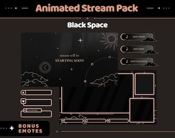 Black Space Animation Stream Pack Dark Aesthetic Star Animated Overlay Full Package Streaming Bundle Just Chatting Vtuber Friendly Emotes