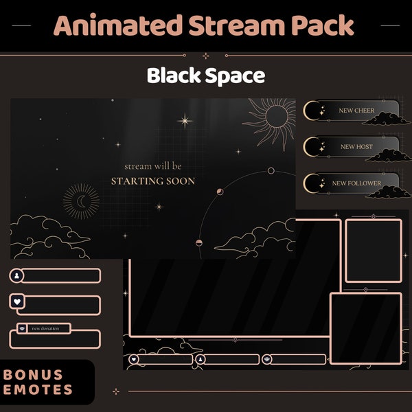 Black Space Animation Stream Pack Dark Aesthetic Star Animated Overlay Full Package Streaming Bundle Just Chatting Vtuber Friendly Emotes