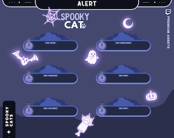 Może przedstawiać: Zestaw animowanych alertów Twitch z motywem straszne koty. Alerty są dla nowego cheer, nowego subskrybenta, nowej darowizny, nowego rajdu, nowego obserwującego i nowego hosta. Alerty są w schemacie kolorów fioletowego i niebieskiego z przerażającym kotem, duchem, nietoperzem, księżycem, dynią i odciskiem łapy.