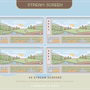 May include: Four animated and static stream screen overlays with a pixelated landscape background. The screens display the text "Starting Soon", "Be Right Back", "Stream Ending", and "Stream Offline".