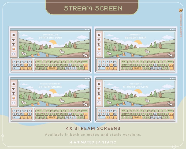 May include: Four animated and static stream screen overlays with a pixelated landscape background. The screens display the text "Starting Soon", "Be Right Back", "Stream Ending", and "Stream Offline".