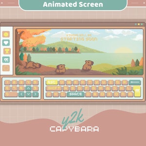 May include: A pixelated animated screen with a fall landscape scene. The screen displays the text "STREAM WILL BE STARTING SOON". The screen also has a keyboard with the text "SPACE" on one of the keys. The screen is surrounded by a brown frame.