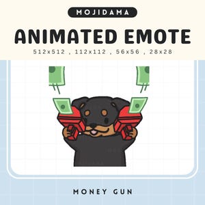Peut inclure: Emoji animé d'un chien noir tenant deux pistolets jouets rouges qui tirent des billets de banque verts. Le texte "MONEY GUN" est sous l'image.