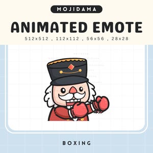 May include: Animated emote featuring a cartoon nutcracker in a boxing pose. The nutcracker wears a black hat with gold trim, a red coat, and red boxing gloves. The text "MOJIDAMA" and "ANIMATED EMOTE" are at the top, with "BOXING" at the bottom.