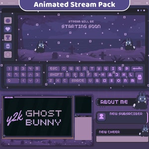Bunny Animation Stream Pack Estético Sobreposições Roxas Escuras Sobreposição de Gato Fantasma Assustador Pacote Completo Cozy Streaming Cute OBS Streamlabs Vtuber