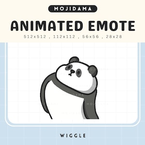 May include: Animated emote of a black and white panda bear with a surprised expression, wiggling its body. The emote is in a cartoon style and is set against a white grid background.