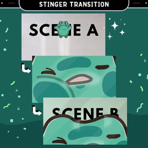 May include: A green frog jumps between two scenes, transitioning from "SCENE A" to "SCENE B". The frog is cartoonish and has a wide smile. The background is a dark green with confetti.