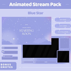 May include: A purple and blue animated stream pack with a starry sky background. The text "stream will be STARTING SOON" is in a circle. There are three buttons that say "NEW HOST", "NEW CHEER", and "NEW FOLLOWER".