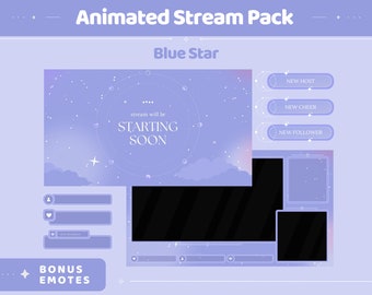 Blue Sky Animation Stream Pack Purple Aesthetic Animated Overlay Full Streaming Bundle Just Chatting Vtuber Friendly Emotes Panel Alerts