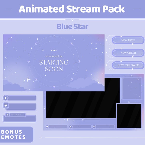 Blue Sky Animated Stream Pack: Purple Starry Vibe - VTuber Overlay (Digital Download)